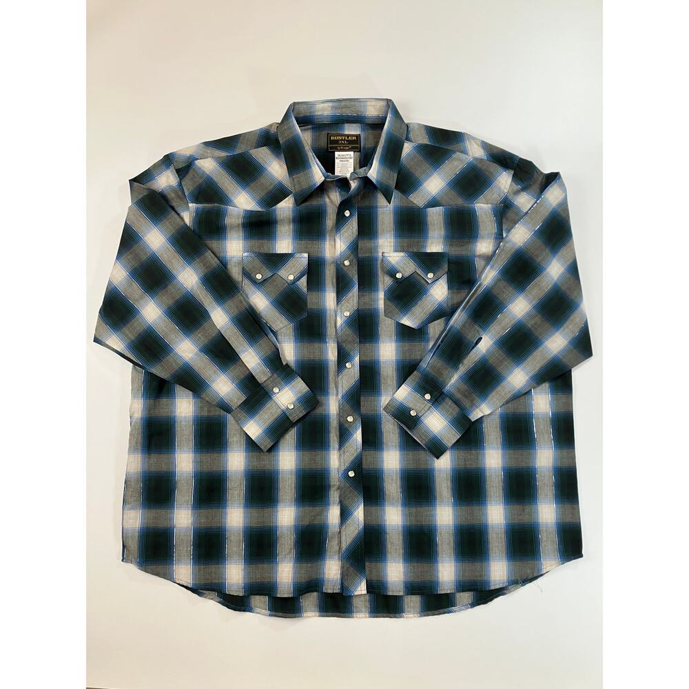 Rustler by Wrangler Men's 3XL Western Pearl Snap Shirt Blue Green Plaid Cowboy